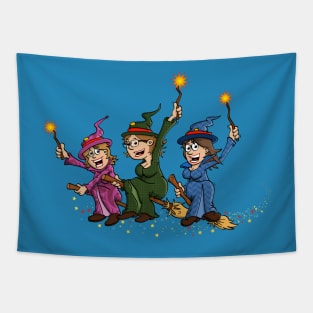 Three happy witches on a broom Tapestry