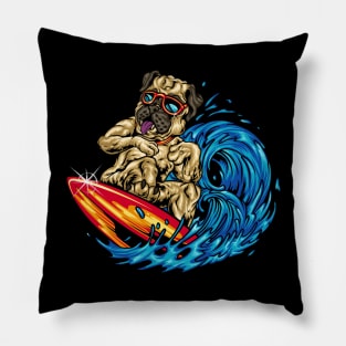 Funny Surfing Pug Riding an Ocean Wave Dog Surfboard Pillow