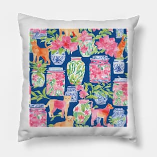 Cats, dogs and chinoiserie jars on navy blue Pillow