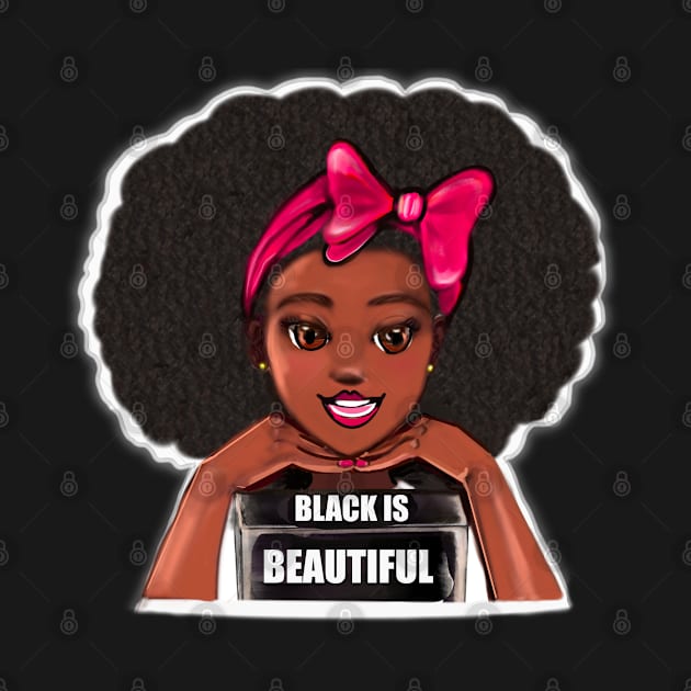 Queen Black is beautiful black girl with Big afro, pink bow, brown eyes and dark brown skin ! by Artonmytee