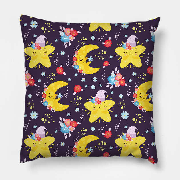 Cute Moon and Stars in Galaxy Pattern Artwork Pillow by Artistic muss