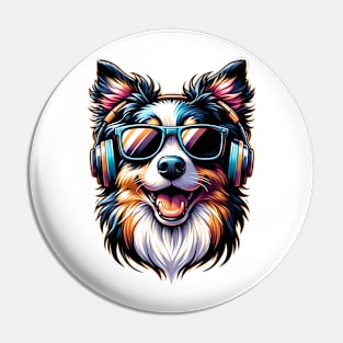 Miniature American Shepherd as Smiling DJ with Headphones Pin