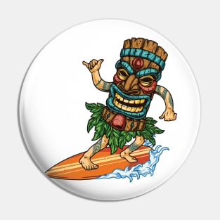 Surfing With Surfer Tiki Mask Riding Wave Isolated Pin