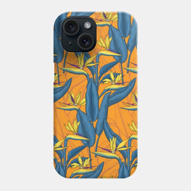 Bird of paradise flowers on orange Phone Case by katerinamk