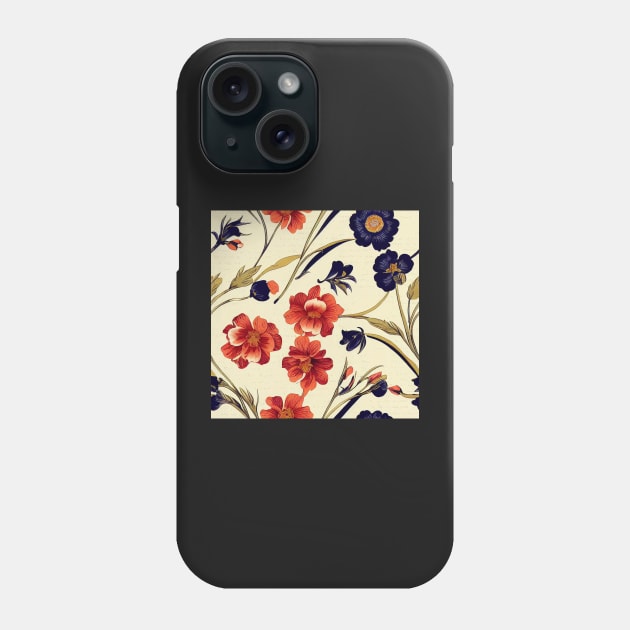 Pretty Orange Red and Deep Blue Flower Pattern on Dark Background Phone Case by VintageFlorals