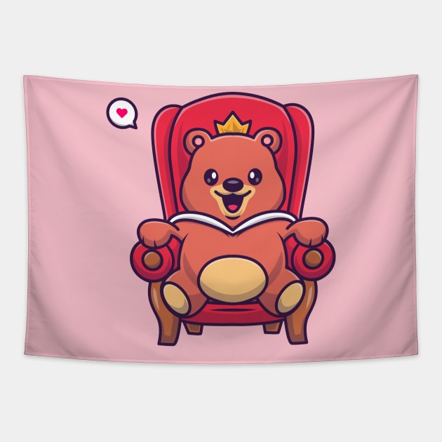 Cute Bear King Sitting On The Royal Chair Cartoon Tapestry by Catalyst Labs