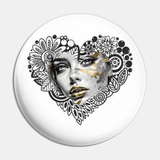 Golden Impasto Reflections: Abstract Portrait-- An artistic depiction of a striking girl's face in a close-up pencil sketch Pin