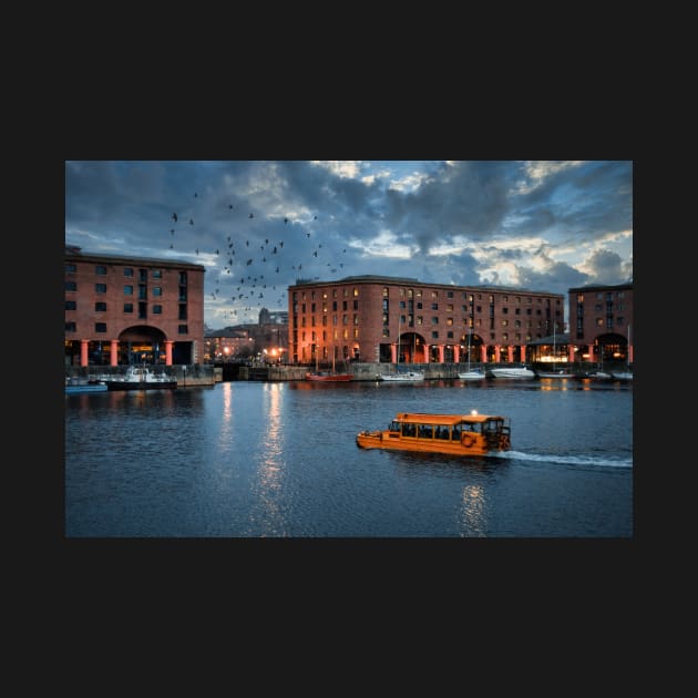 Albert Dock Liverpool at dusk with a yellow Duck Marine Craft by stuartchard
