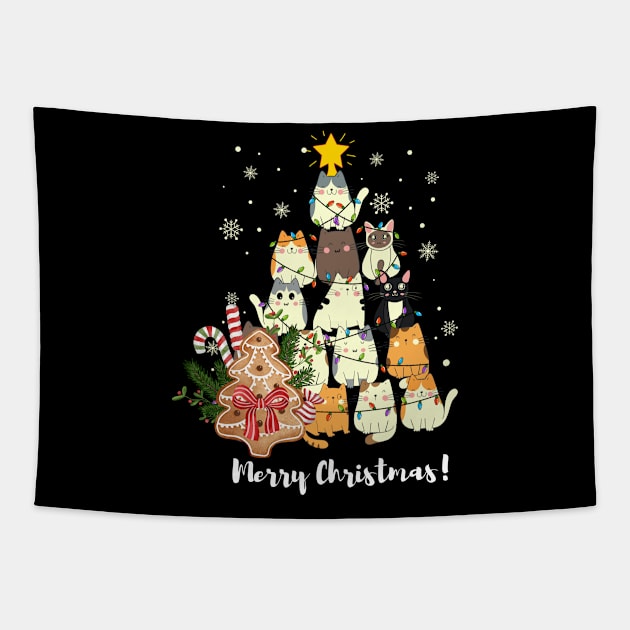 Christmas Cat Trees, Cute Merry Christmas & Trees, White Christmas Trees Design, premium unisex kitten xmas tee, Tapestry by Grun illustration 