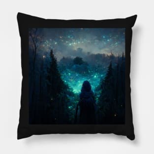 Black hooded witch in a forest with magical blue stars in the sky Pillow