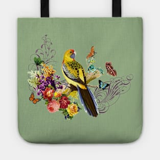 Yellow Parrot standing on tree with butterflies roses French ornaments Tote