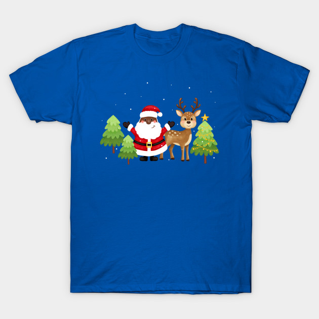Cute black santa and deer wish merry christmas. New Year. - Black Santa Claus African America - T-Shirt