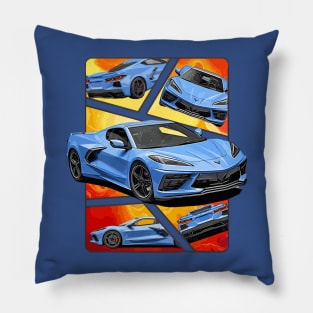 Multiple Angles of the Blue C8 Corvette Presented In A Bold Vibrant Panel Art Display Supercar Sports Car Racecar Rapid Blue Corvette C8 Pillow