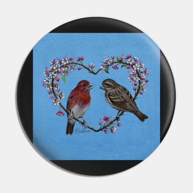 Finch Heart with Pink Blossoms Pin by AnimalWhimsy