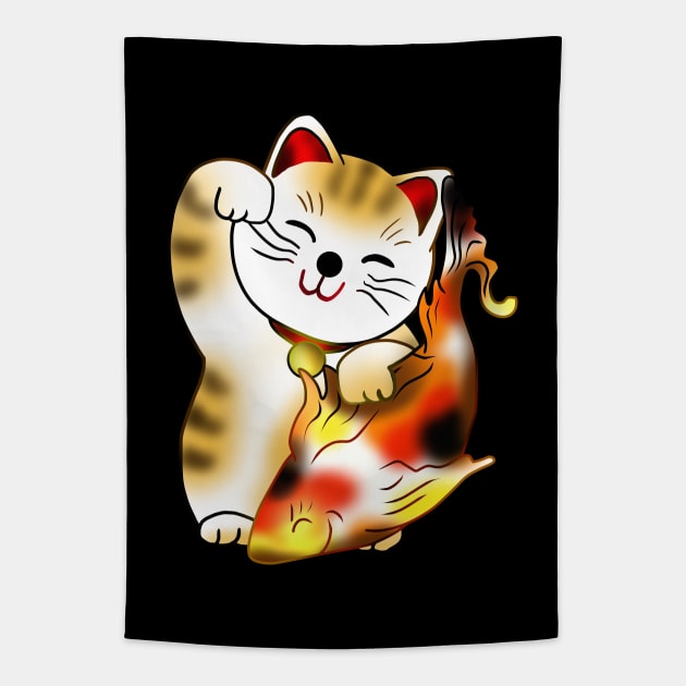 Right paw calico maneki neko lucky cat with fish Tapestry by cuisinecat