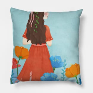 Modern Beautiful Lady With Flowers Pillow