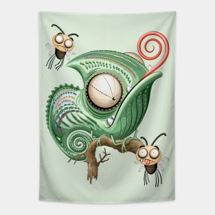Chameleon and confused Fly Funny Cartoon Characters Tapestry
