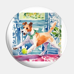 Fox terrier chasing tennis ball watercolor painthing Pin