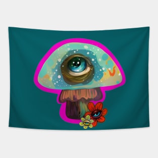 Colorful Pop Surrealism Mushroom with Big Eye Illustration Tapestry