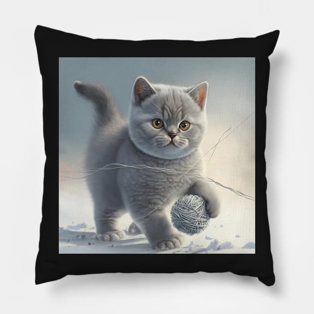 British Shorthair Cat playing with a ball of string Pillow by Enchanted Reverie