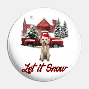 Goldendoodle Let It Snow Tree Farm Red Truck Christmas Pin