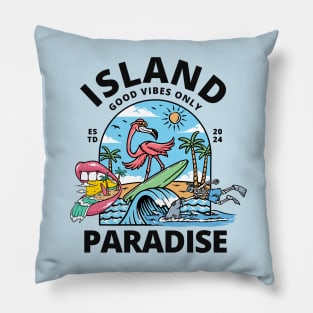 Island Paradise Flamingo Surfing Beach Pillow
