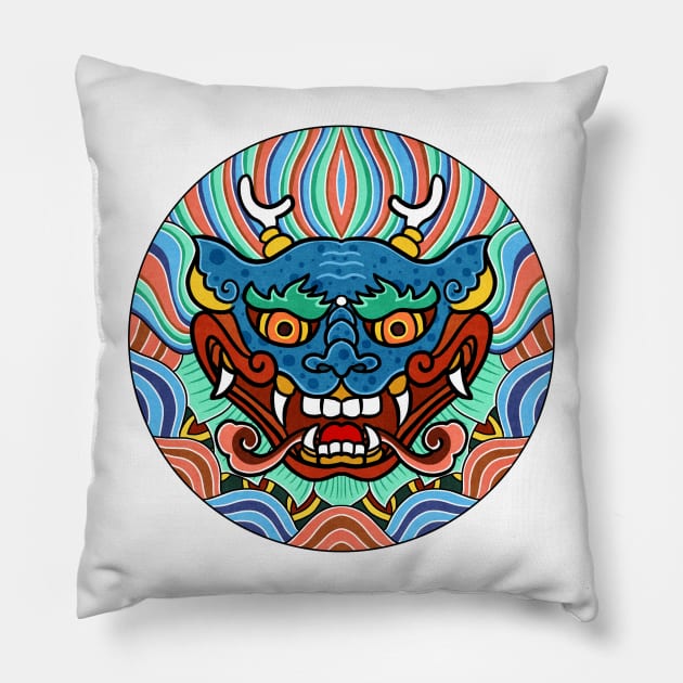 Minhwa: Dragon Face on Shield A Type Pillow by koreanfolkpaint