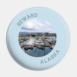 Seward Alaska Boat Harbor and Mountains Pin