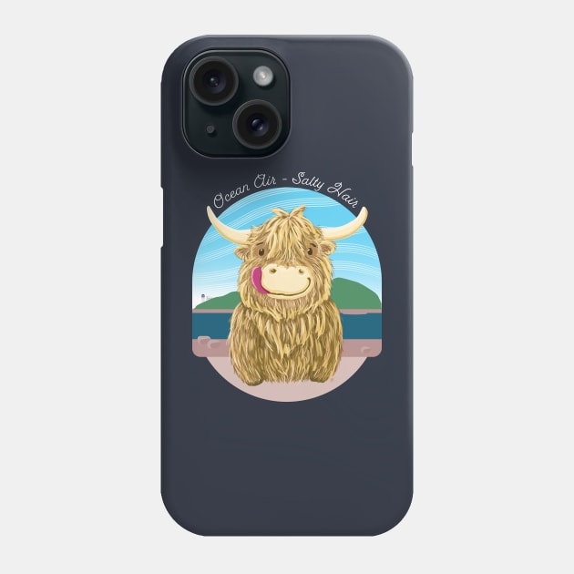 Scottish Highland Cow Ocean Air, Salty Hair Phone Case by brodyquixote