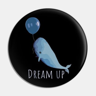 A white whale with geometric striped pattern and blue balloon Pin