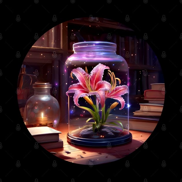 Stargazer Lily in Jar on Desk With Books by Syntheous