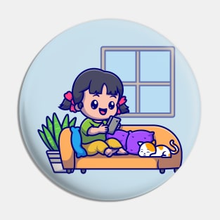 Cute Girl Operating Phone With Cat Cartoon Pin