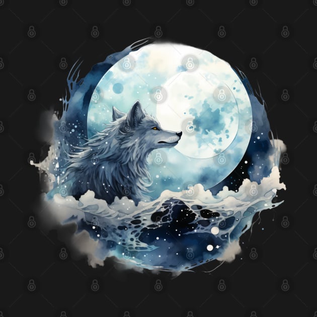 Wolf looking at full moon by Retroprints