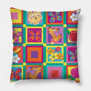 Dogs & Butterflies in Squares Pillow