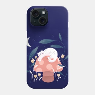 Cute white cat, mushroom and curious flowers, version 5 Phone Case