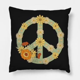 Retro Peace Flowers Yellow on Green Pillow