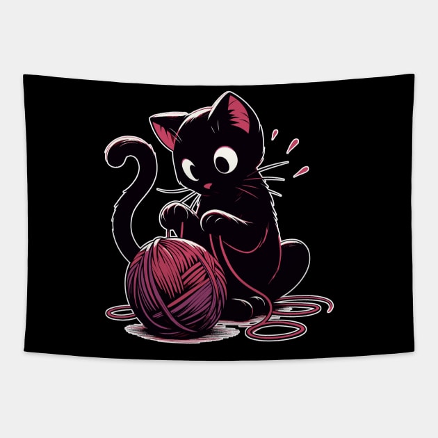 Cat and knitting kawaii cat with yarn ball Tapestry by TomFrontierArt