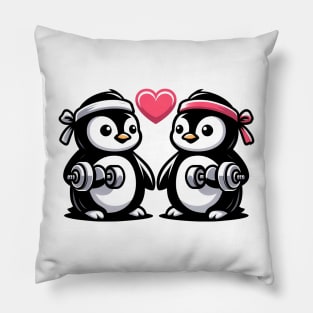 Penguin Couple Pumping Iron Pillow