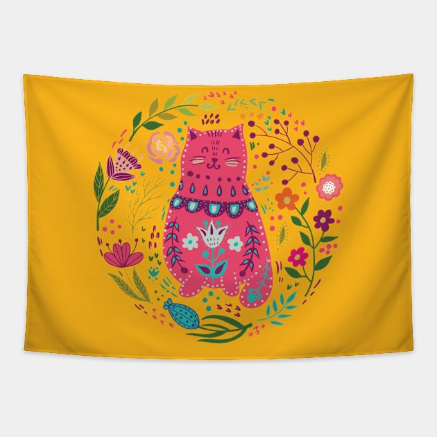 colorful illustration with beautiful cat and flowers #5 Tapestry by affane