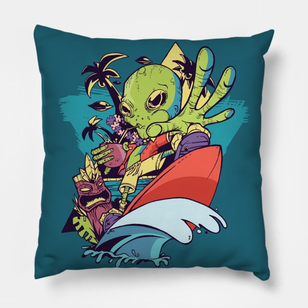 Surfing Alien on Island Vacation Pillow by SLAG_Creative