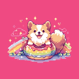 Pride Month Kawaii Corgi with Donut Pixel Art T-Shirt