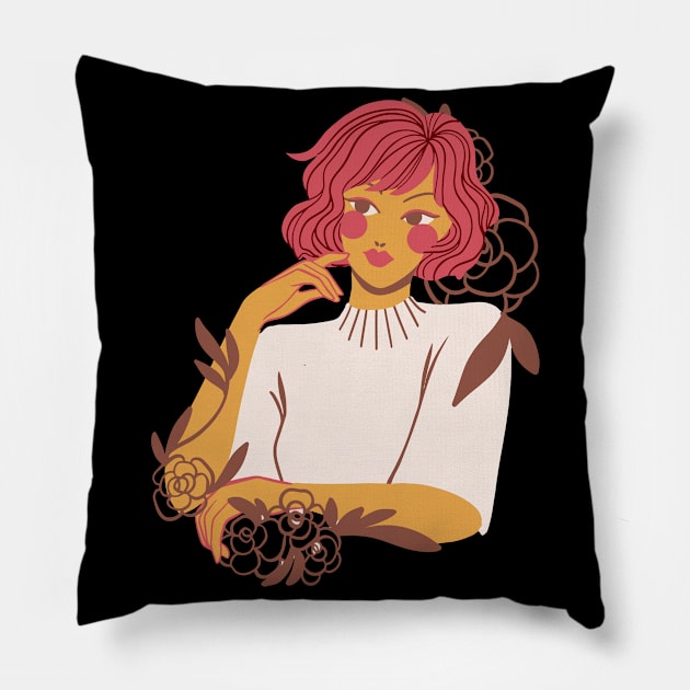 Wild Girl Floral Woman With Flowers Redhead Pillow by olivetees