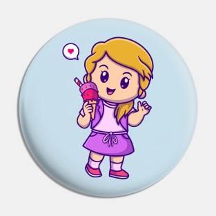 Cute Girl Holding Ice Cream Cartoon Pin