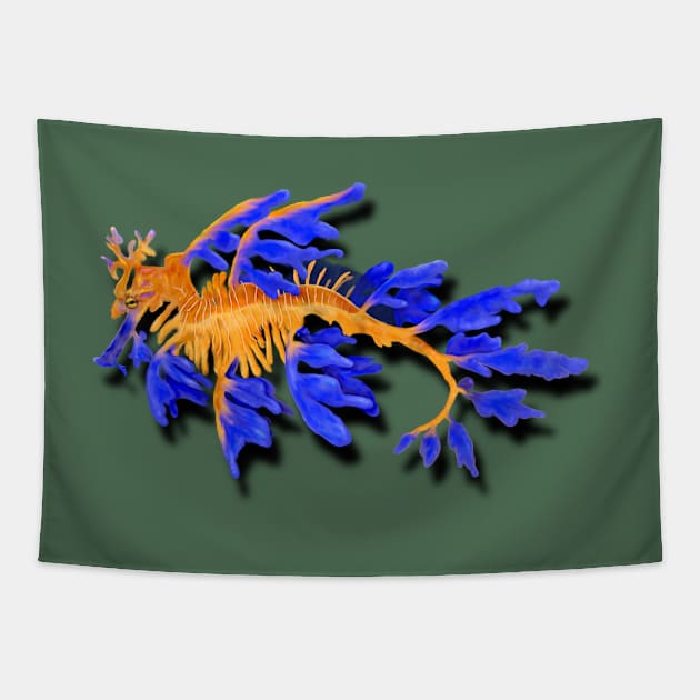 Illustrated Gold & Blue Leafy Seadragon Tapestry by H. R. Sinclair