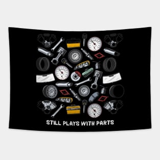 Still Plays With Parts Tools Cars Piston Rims Spark Plug Wrench Gauges Mechanical Funny Tapestry