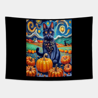 Cat Van Gogh Style Halloween Pumpkins Tapestry