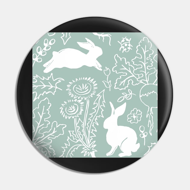 Rabbits Playing in the Vegetable Garden - Pattern on Light Green Pin by colorofmagic