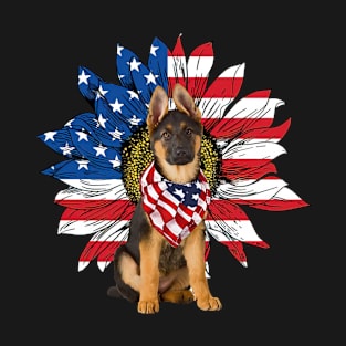 German Shepherd American Flag Sunflower T-Shirt