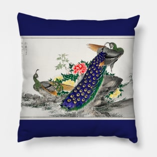 Peacock and Peony vintage Japanese woodblock print Pillow