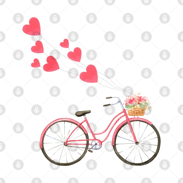 Watercolor Pink Bicycle Balloon Hearts Flower Basket by Jim N Em Designs